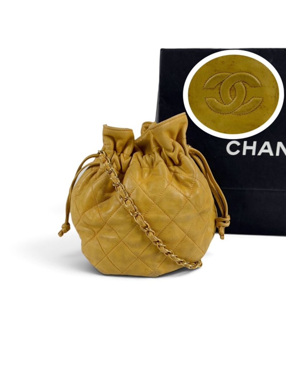 Chanel Drawstring Quilted Mini Cross Shape Beige Shoulder Bag